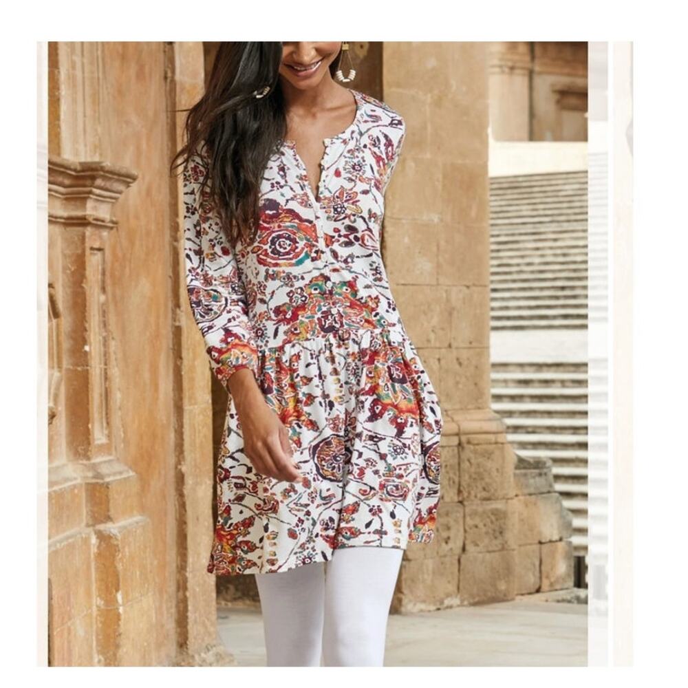 Peruvian Connection Goa tunic top women's M peplum paisley button pima cotton